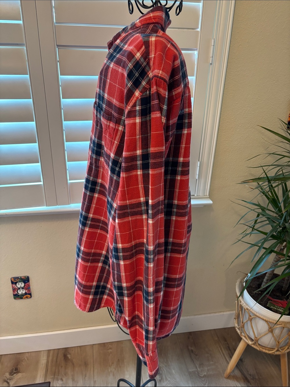 Handmade one of a kind Red Plaid Button-Up flannel with junkin queen Back Patch - Picture 5 of 5